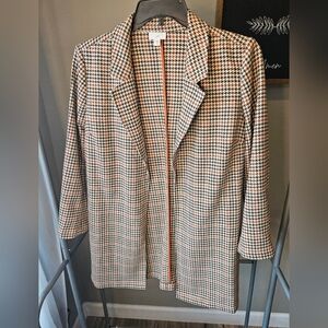 J Jill Long Plaid Coat Womens Med Petite Brown Barley Duster Open Front Jacket